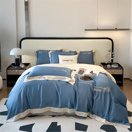 91家纺网 家纺一手货源 找家纺 2025春季新款亲肤水洗真丝刺绣四件套-罗伊莎 宾利蓝-奶茶