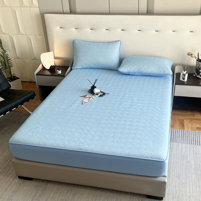 91家纺网 家纺一手货源 找家纺 梵克保罗 2025新款凉感丝床笠饼干系列凉席枕套 天蓝