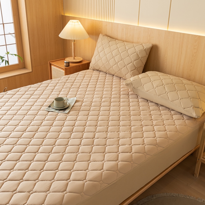 91家纺网 家纺一手货源 找家纺 梵克保罗 2025新款纯色加棉防水大豆纤维床笠 米咖