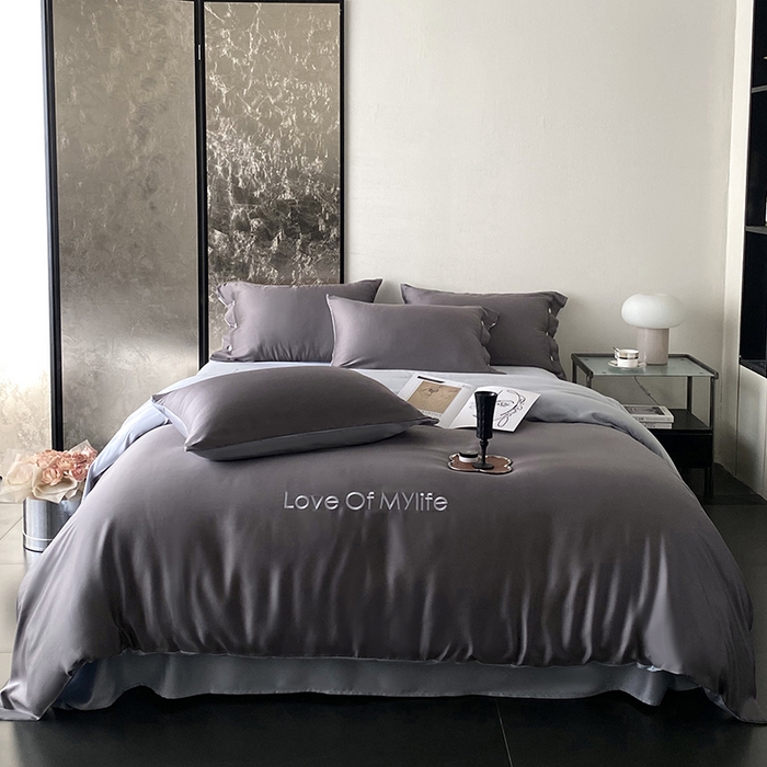 91家纺网 家纺一手货源 找家纺 优悦 2025新款冰丝印花刺绣双拼四件套-漫心 流光灰