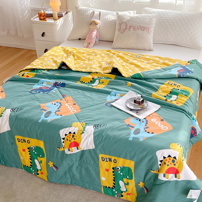 91家纺网 家纺一手货源 找家纺 （自己工厂 有网销大热款 网销帮推可合作优惠）2025新款全棉夏被空调被夏凉被纯棉夏季儿童棉花薄被子 恐龙家族-绿