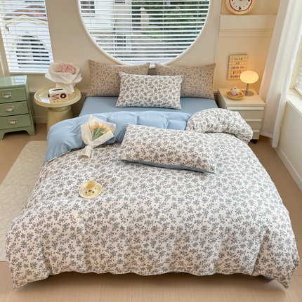 91家纺网 家纺一手货源 找家纺 （买家秀爆款花型不断货）2025年新款A类母婴级针织棉双层纱印花被套三件套全棉纯棉被套纯色床笠四件套 花丛灰