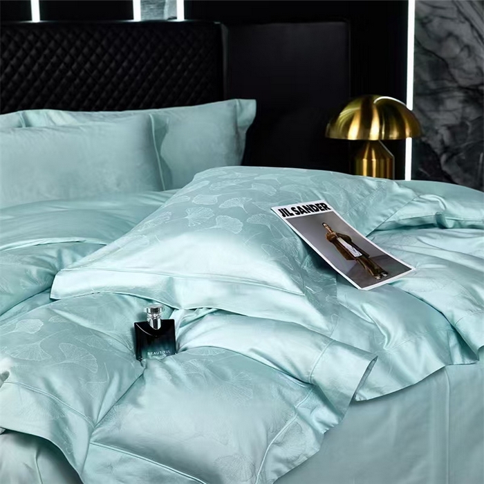 91家纺网 家纺一手货源 找家纺 优品阁 2024新款长绒棉贡缎提花--欧式轻奢提花系列叶叶情深-月光蓝