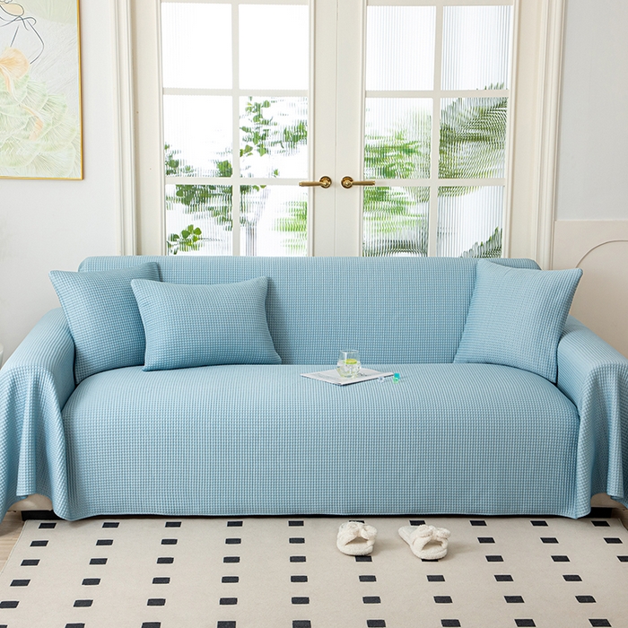 91家纺网 家纺一手货源 找家纺 沐沐家纺 2026新款冰豆豆华夫格沙发巾 蓝色