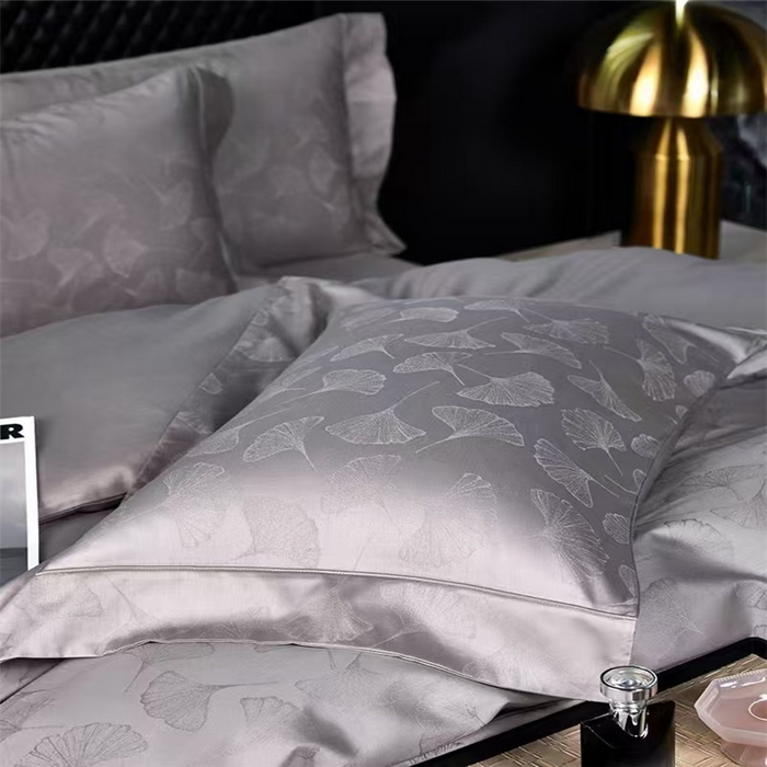 91家纺网 家纺一手货源 找家纺 优品阁 2024新款长绒棉贡缎提花--欧式轻奢提花系列叶叶情深-淡雅灰