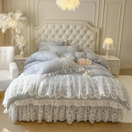 恋尚 2025新款木凉淳浪漫蕾丝床裙四件套-米朵 米朵-浅灰