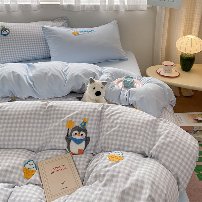 91家纺网 家纺一手货源 找家纺 星座家纺 2025新款水洗棉毛巾绣四件套 精灵企鹅