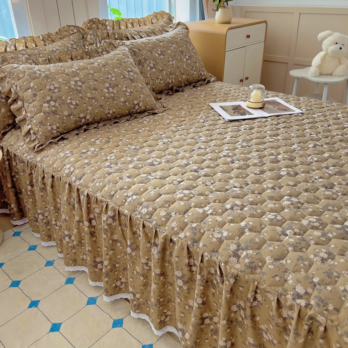 91家纺网 家纺一手货源 找家纺 2025新款全棉夹棉床裙 茶野