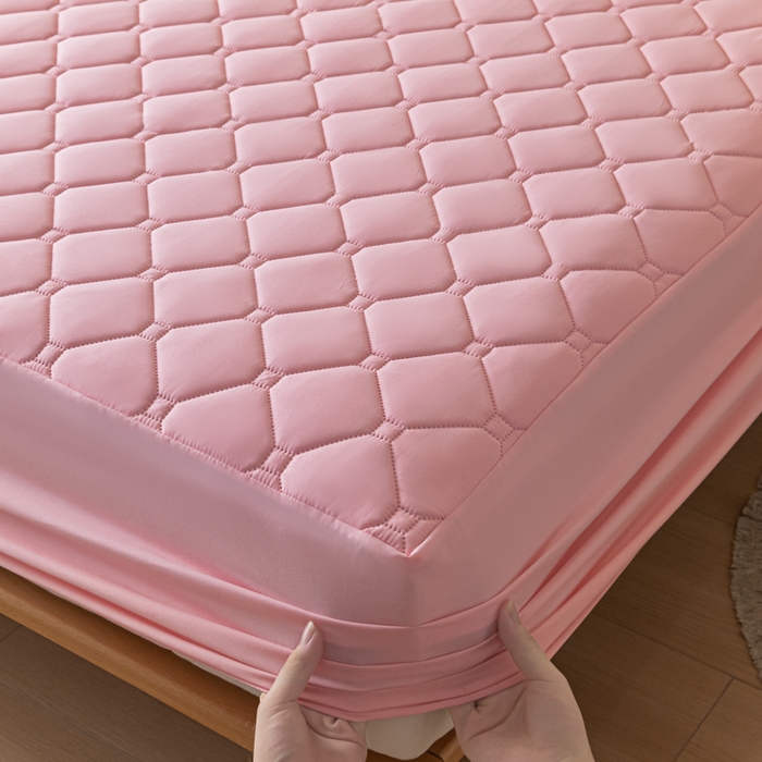 91家纺网 家纺一手货源 找家纺 梵克保罗 2025新款纯色加棉防水大豆纤维床笠 藕粉