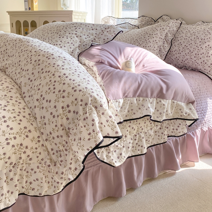 91家纺网 家纺一手货源 找家纺 仟网汇 2025新款赫本针织双层纱床盖四件套 小紫花