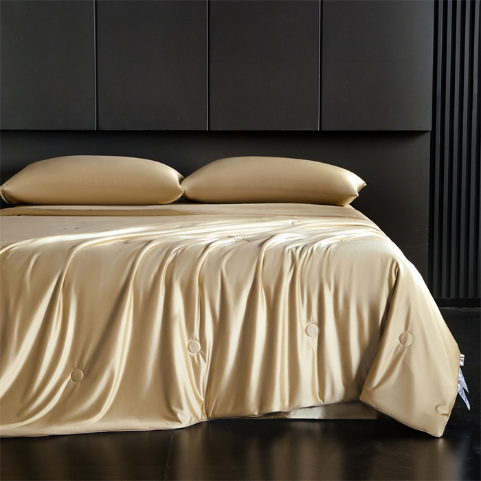 91家纺网 家纺一手货源 找家纺 雯豆家纺 2025夏季新品锦纶+氨纶高档冰丝凉感夏被空调被7A抗菌薄被芯 冰芙绸夏被-琥珀金