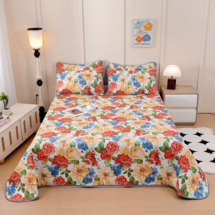 91家纺网 家纺一手货源 找家纺 情煊家纺 2025新款双面全棉夹棉床盖三件套 锦绣年华