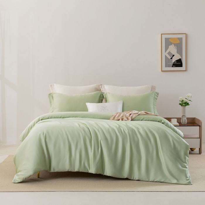 91家纺网 家纺一手货源 找家纺 121  2025新款60s支进口兰精天丝四件套-秋风QIUFENG系列（场景二） 多瑙绿