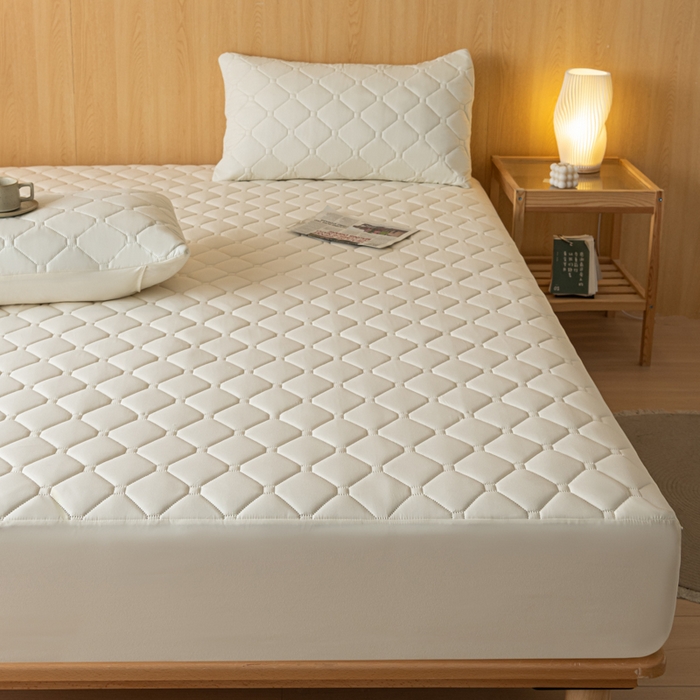 91家纺网 家纺一手货源 找家纺 梵克保罗 2025新款纯色加棉防水大豆纤维床笠 奶油白