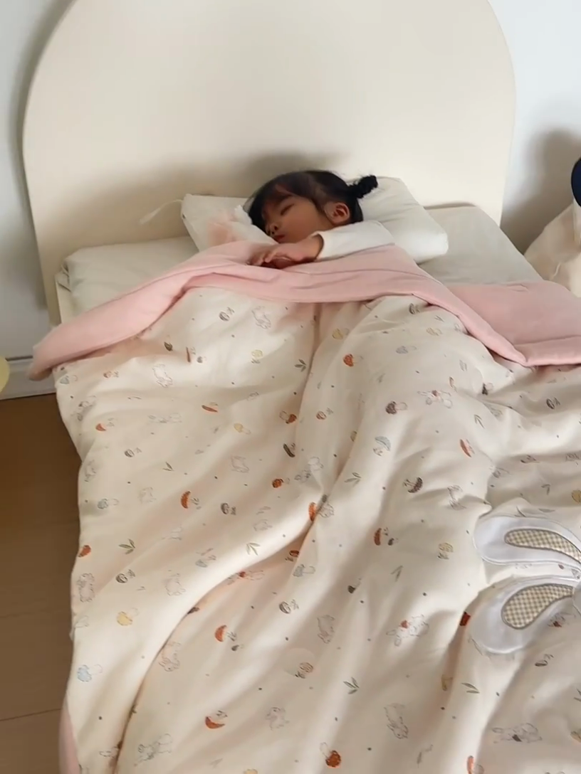 91家纺网 家纺一手货源 找家纺 荷马之梦 2025新款A类全棉双层纱贴布绣大豆儿童夏被轻芯系列 长耳朵兔兔