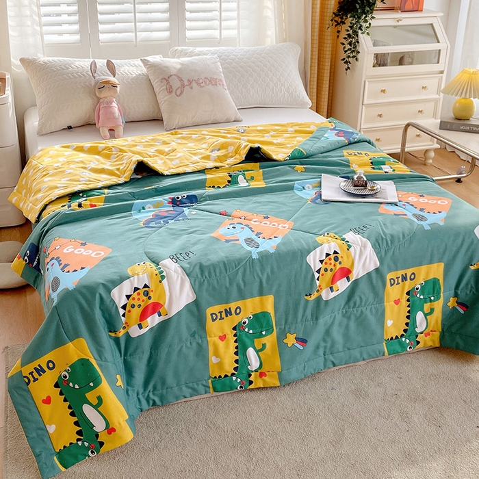 91家纺网 家纺一手货源 找家纺 （自己工厂 有网销大热款 网销帮推可合作优惠）2025新款全棉夏被空调被夏凉被纯棉夏季儿童棉花薄被子 恐龙家族-绿