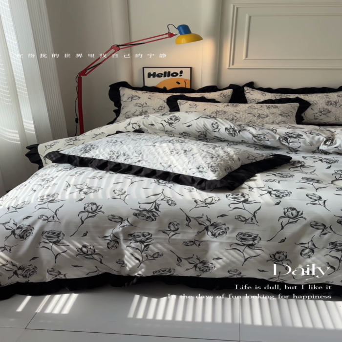 91家纺网 家纺一手货源 找家纺 蝶帕家纺 2025新款法式赫本风韩版花边水洗棉床盖四件套 水墨玫瑰