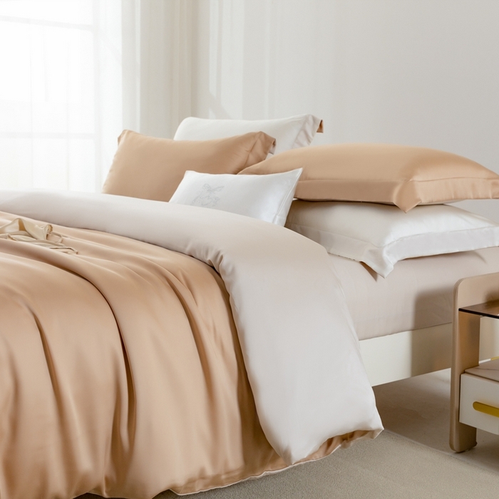 91家纺网 家纺一手货源 找家纺 121  2025新款60s支进口兰精天丝四件套-秋风QIUFENG系列（场景二） 薄暮咖