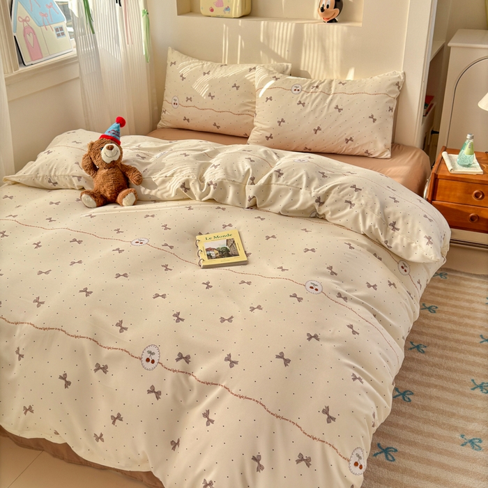 91家纺网 家纺一手货源 找家纺 冕悠家纺 2025新款热款A类高克重针织双层纱四件套系列 （提供买家秀） 樱桃蝴蝶结