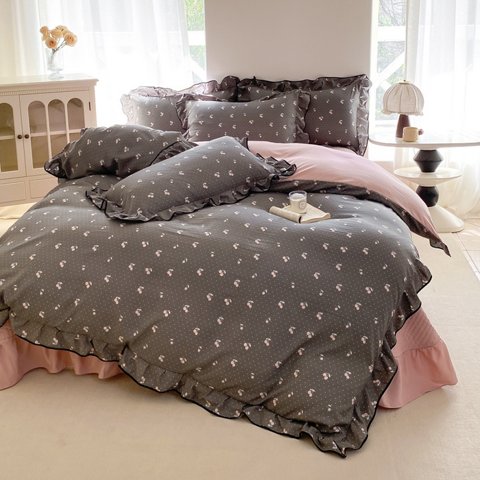 91家纺网 家纺一手货源 找家纺 仟网汇 2025新款赫本针织双层纱床盖四件套 复古樱桃