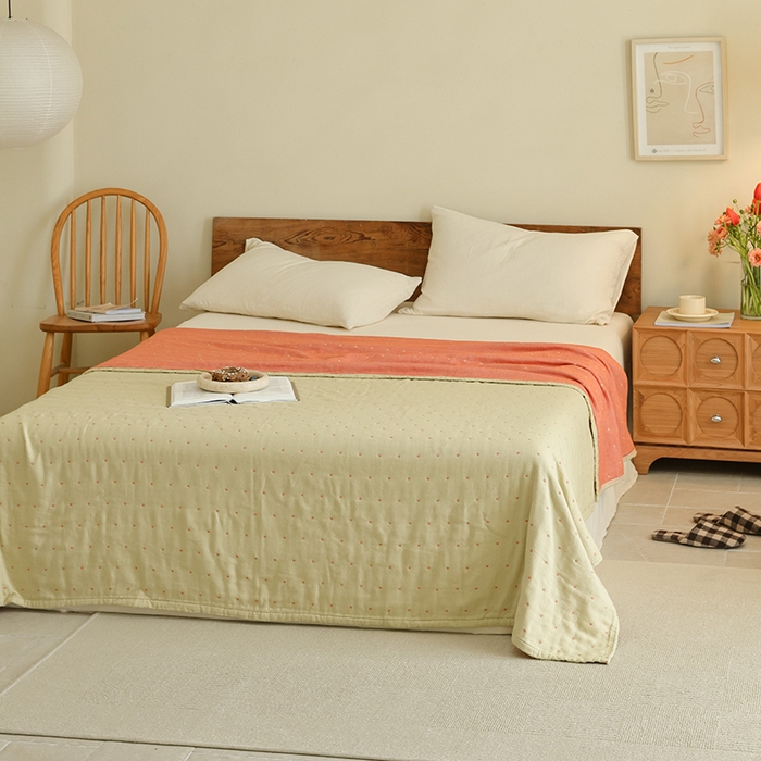 91家纺网 家纺一手货源 找家纺 雯雨2025新款A类全棉四层爱心刺绣纱布毛巾被 爱心绿+橙色