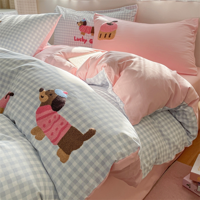 91家纺网 家纺一手货源 找家纺 星座家纺 2025新款水洗棉毛巾绣四件套 哈哈狗