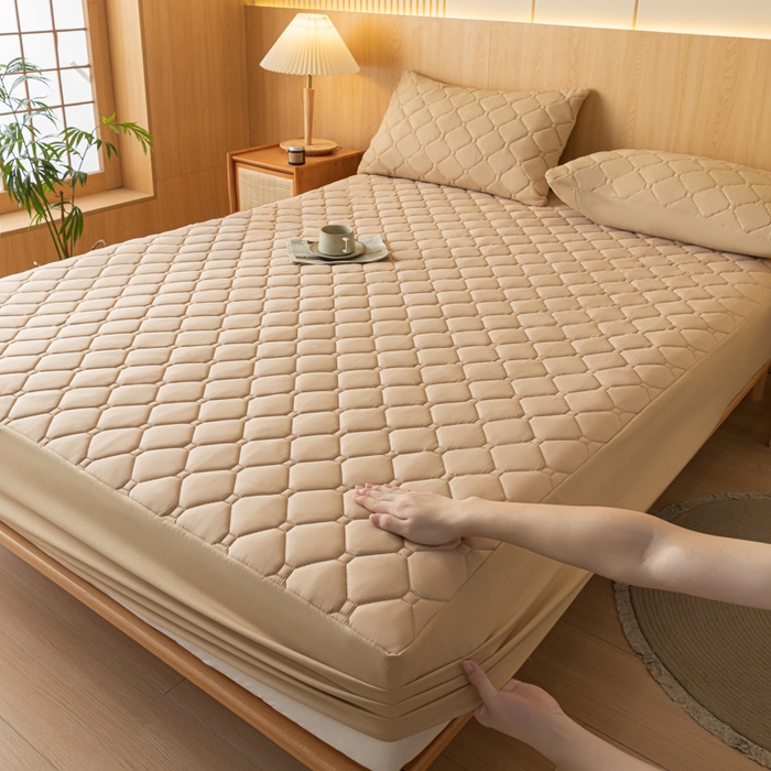 91家纺网 家纺一手货源 找家纺 梵克保罗 2025新款纯色加棉防水大豆纤维床笠 米咖