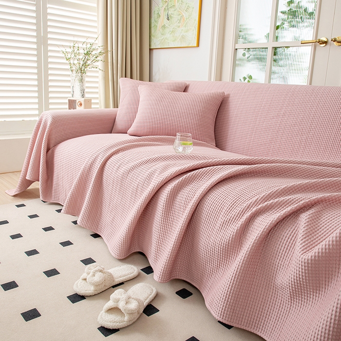 91家纺网 家纺一手货源 找家纺 沐沐家纺 2026新款冰豆豆华夫格沙发巾 粉色