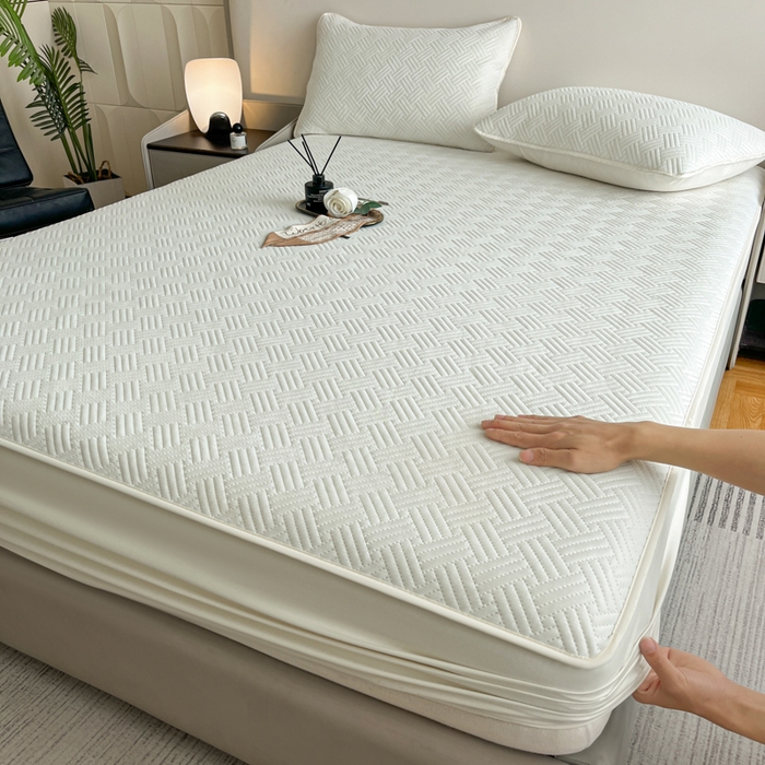 91家纺网 家纺一手货源 找家纺 梵克保罗 2025新款凉感丝床笠饼干系列凉席枕套 白色