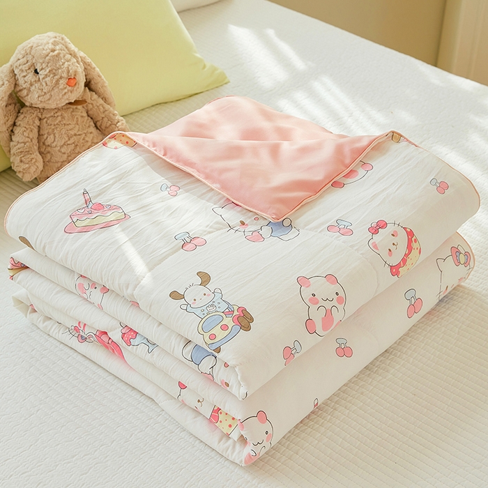 91家纺网 家纺一手货源 找家纺 梦恬佳 2025新款A类水洗皱皱棉夏凉被 粉色奶猫