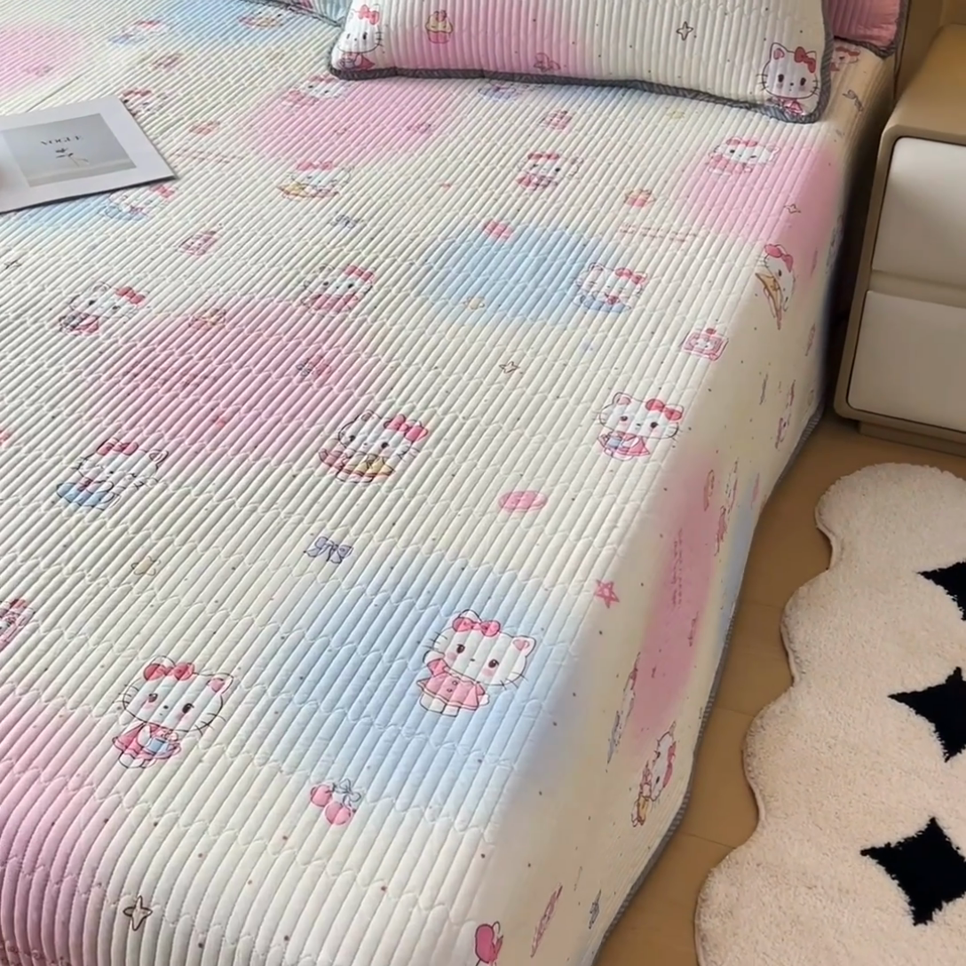 91家纺网 家纺一手货源 找家纺 情煊家纺 2025新款双面全棉夹棉床盖三件套 甜喵