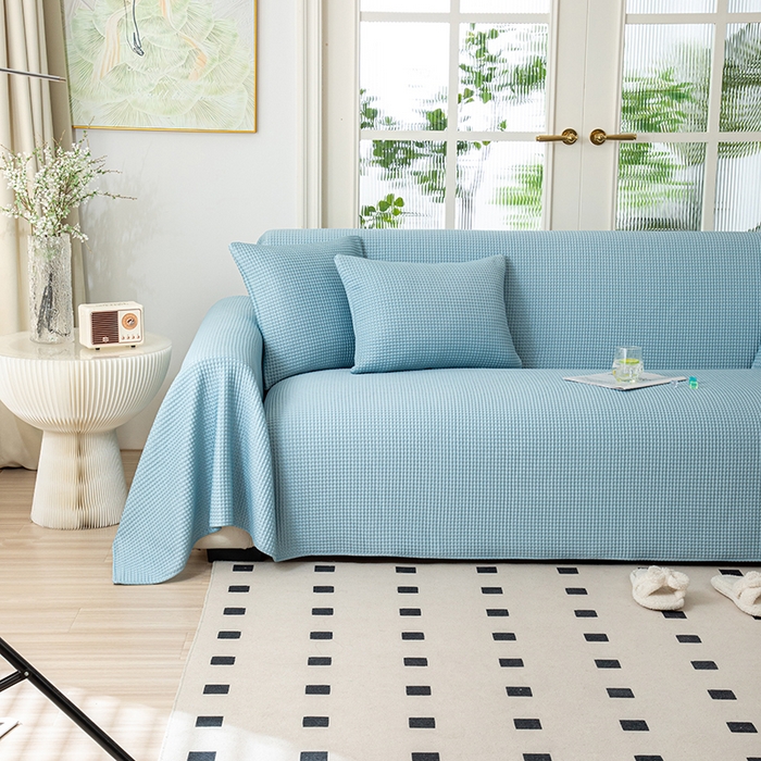 91家纺网 家纺一手货源 找家纺 沐沐家纺 2026新款冰豆豆华夫格沙发巾 蓝色