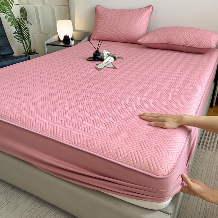 91家纺网 家纺一手货源 找家纺 梵克保罗 2025新款凉感丝床笠凉席三件套--饼干系列 粉色