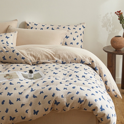 卡巴伦家纺 2025新款全棉双层皱皱纱现代中古风数码四件套 蝴蝶剪影-蓝