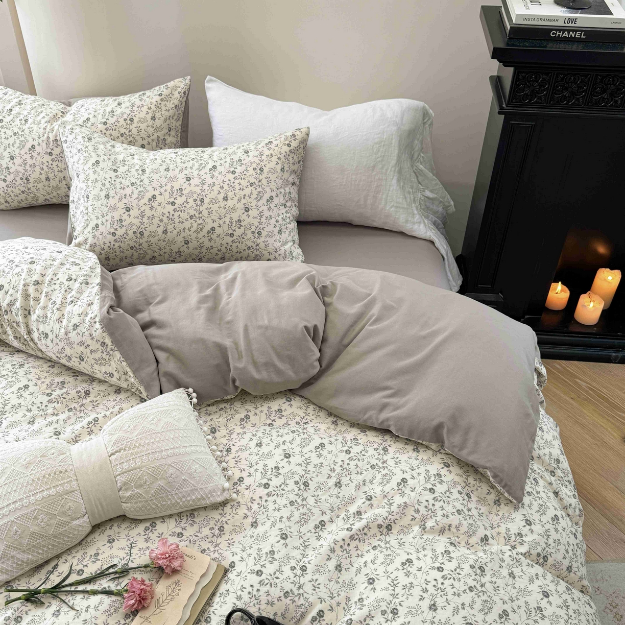 91家纺网 家纺一手货源 找家纺 时年家纺 2025春夏新款全棉纯棉有氧双层纱四件套-碎花系列 秋月白