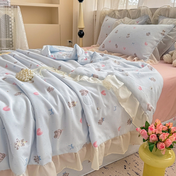 91家纺网 家纺一手货源 找家纺 芯贝儿 2025新款提花针织水洗m双层纱夏被四件套 萌宠