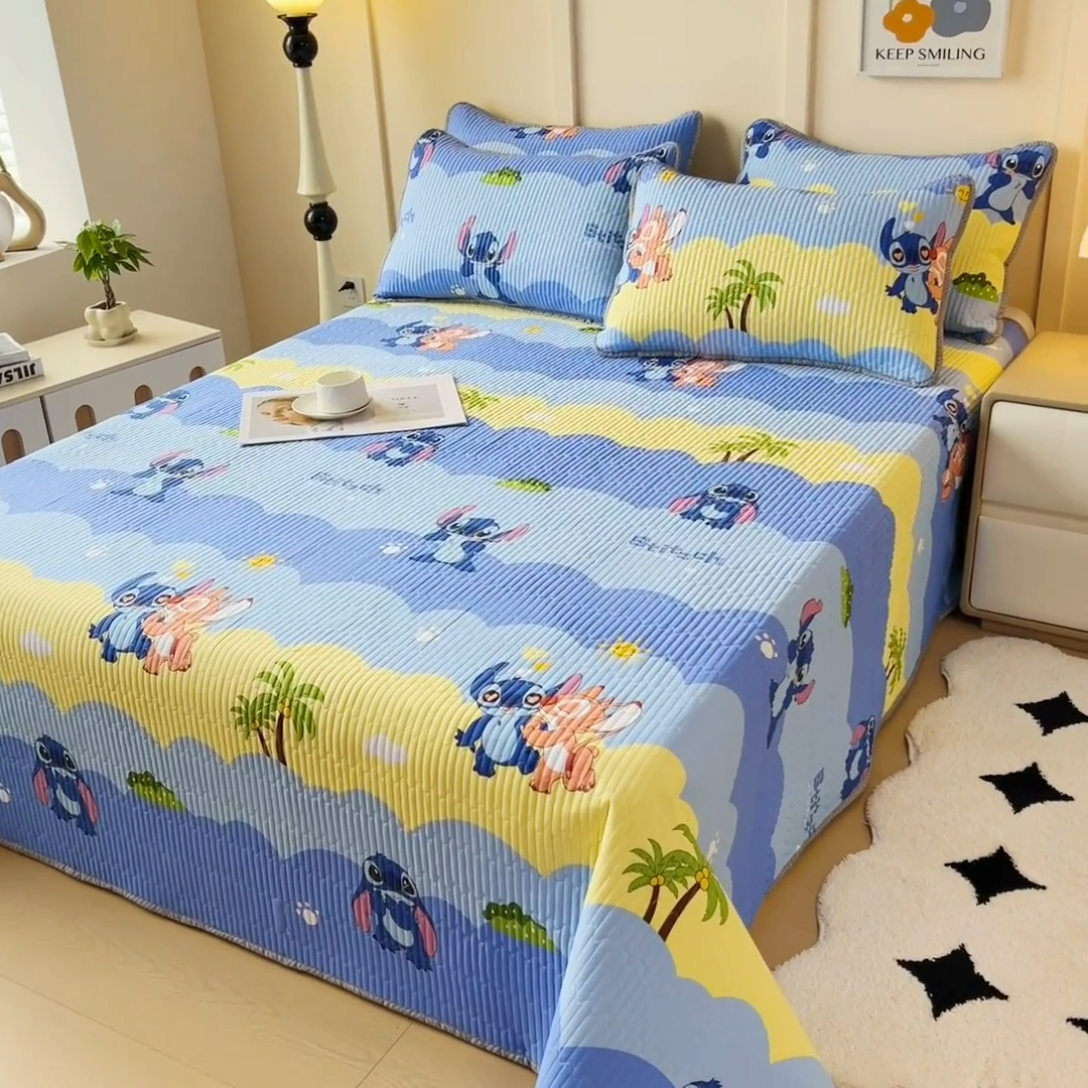 91家纺网 家纺一手货源 找家纺 情煊家纺 2025新款双面全棉夹棉床盖三件套 史迪仔