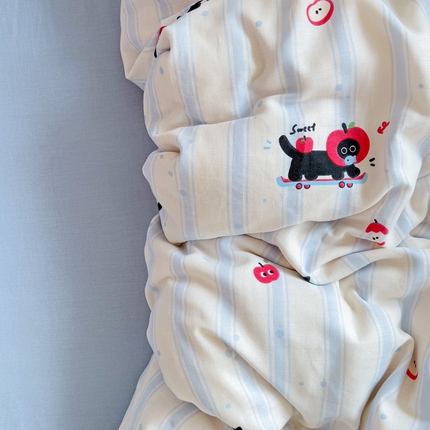 耀悦家纺 2025新款纯棉有氧双层纱四件套第二弹 蓝条音乐猫