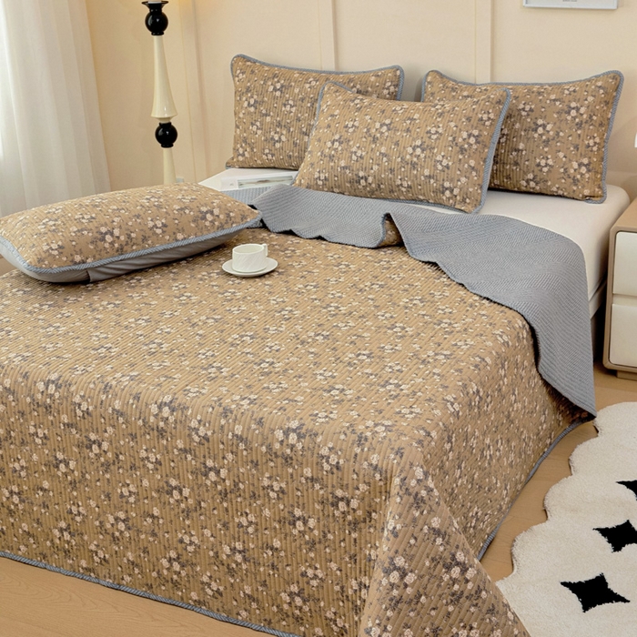 91家纺网 家纺一手货源 找家纺 情煊家纺 2025新款双面全棉夹棉床盖三件套 茶野