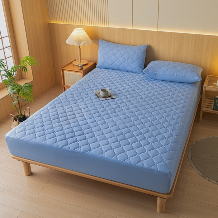 91家纺网 家纺一手货源 找家纺 梵克保罗 2025新款纯色加棉防水大豆纤维床笠 天蓝