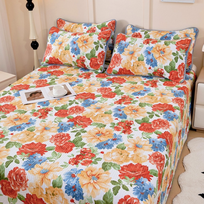 91家纺网 家纺一手货源 找家纺 情煊家纺 2025新款双面全棉夹棉床盖三件套 锦绣年华