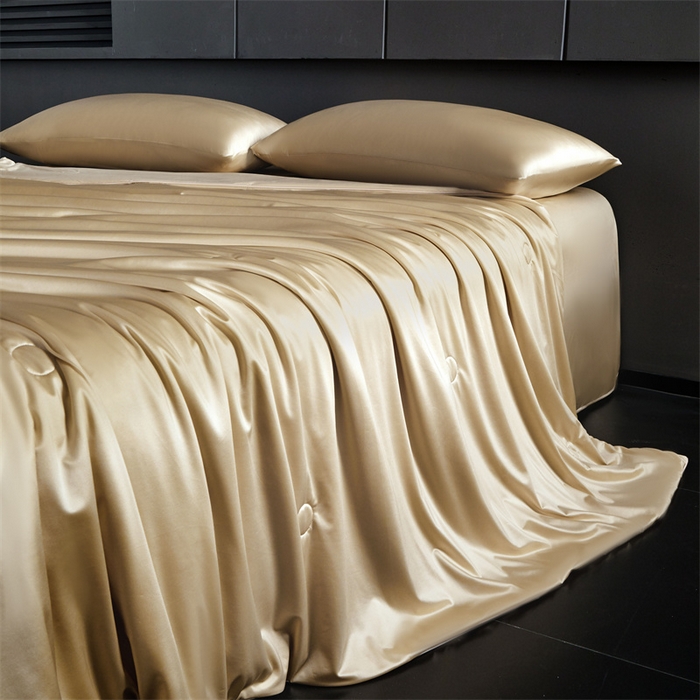 91家纺网 家纺一手货源 找家纺 雯豆家纺 2025夏季新品锦纶+氨纶高档冰丝凉感夏被空调被7A抗菌薄被芯 冰芙绸夏被-琥珀金