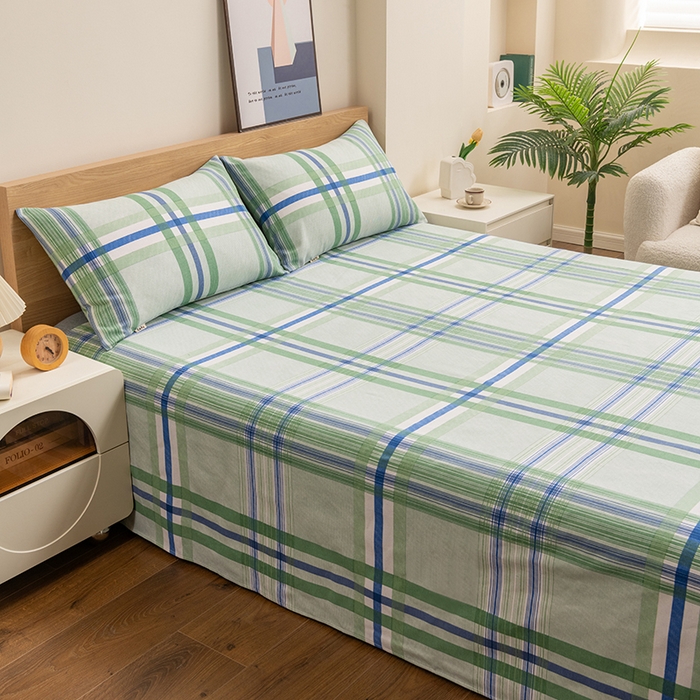 91家纺网 家纺一手货源 找家纺 2025新款老粗布床单老粗布凉席三件套系列-床单 格韵-绿