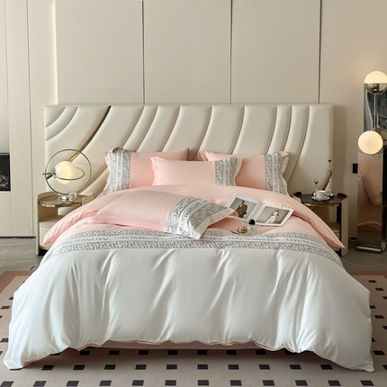 yyds网供 2025新款礼盒装水洗冰丝拼接刺绣法式奢四件套AB版双拼春夏[礼盒装，会员-5] 绣花拼接-浅粉