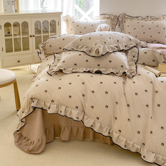 91家纺网 家纺一手货源 找家纺 仟网汇 2025新款赫本针织双层纱床盖四件套 旺仔