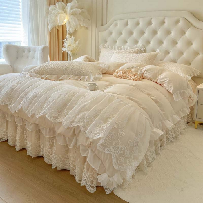 91家纺网 家纺一手货源 找家纺 恋尚 2025新款木凉淳浪漫蕾丝床裙三件套-米朵 米朵-米黄