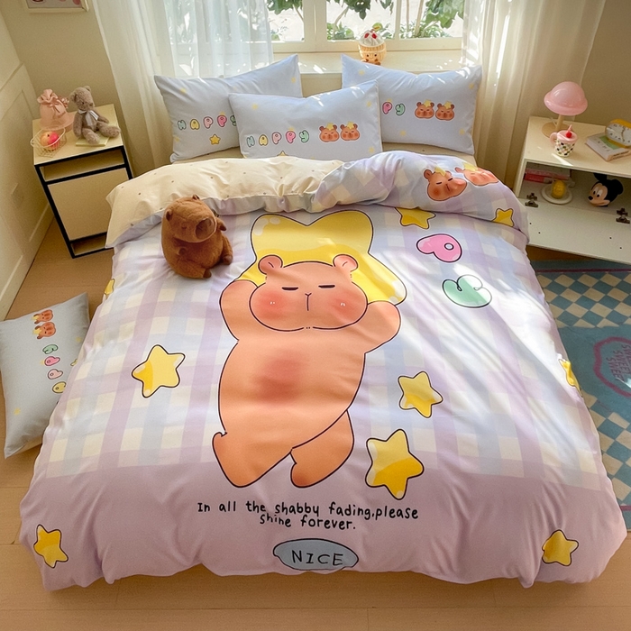 91家纺网 家纺一手货源 找家纺 博雅 2025新款全棉大版印花四件套-卡皮巴拉 星星卡皮巴拉