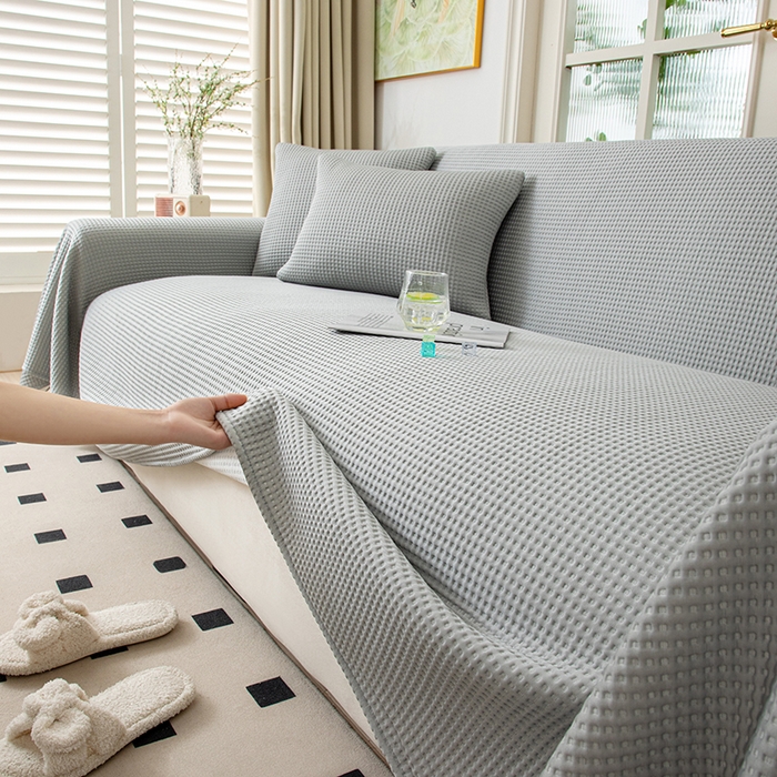 91家纺网 家纺一手货源 找家纺 沐沐家纺 2026新款冰豆豆华夫格沙发巾 灰色