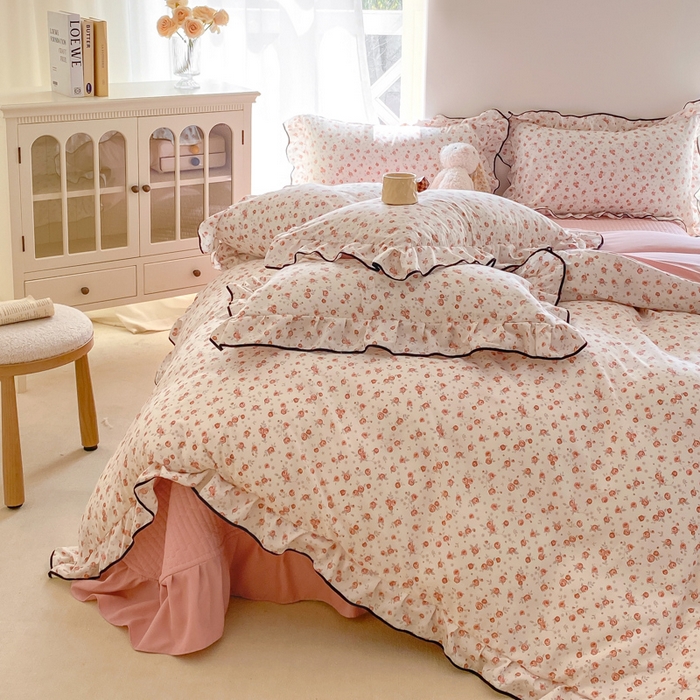 91家纺网 家纺一手货源 找家纺 仟网汇 2025新款赫本针织双层纱床盖四件套 花季