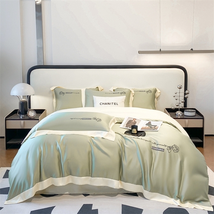 91家纺网 家纺一手货源 找家纺 2025春季新款亲肤水洗真丝刺绣四件套-罗伊莎 浅绿-奶盖